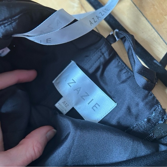 Azazie Sz 12 Eren Elegant One Shoulder Satin Black Maxi Wedding Gown Dress - Picture 14 of 14